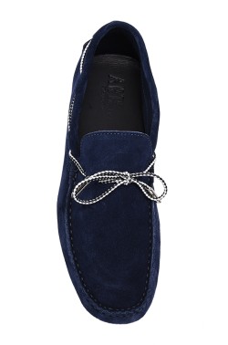 Blue Suede Mocassin with two-tone strip in calf leather