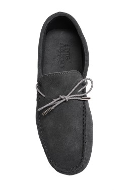 Grey Suede Mocassin with plaited strip in calf leather