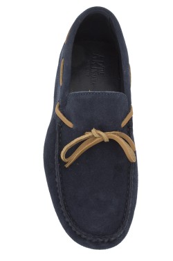 Blue suede  Mocassin with laces in tan calf leather