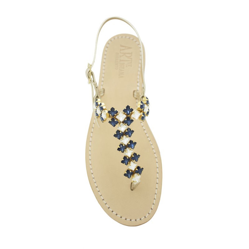 Sandali gioiello cleopatra color platino con pietre color blu