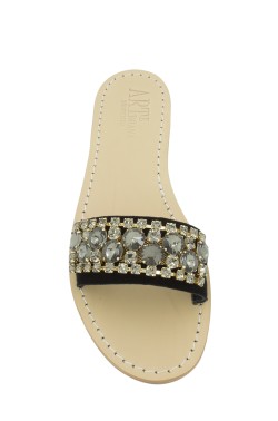 Black Suede Slipper Model Sandal with swarovski cristal light black