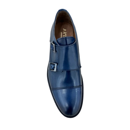 scarpa dress shoes Blue Calf Leather Monk Strap Derby Men Handmade Sorrento men's dress shoes with buckle CURVED DRAPED OFF SHOULDER floral25 Portofino to Sardegna Size:40S/34W