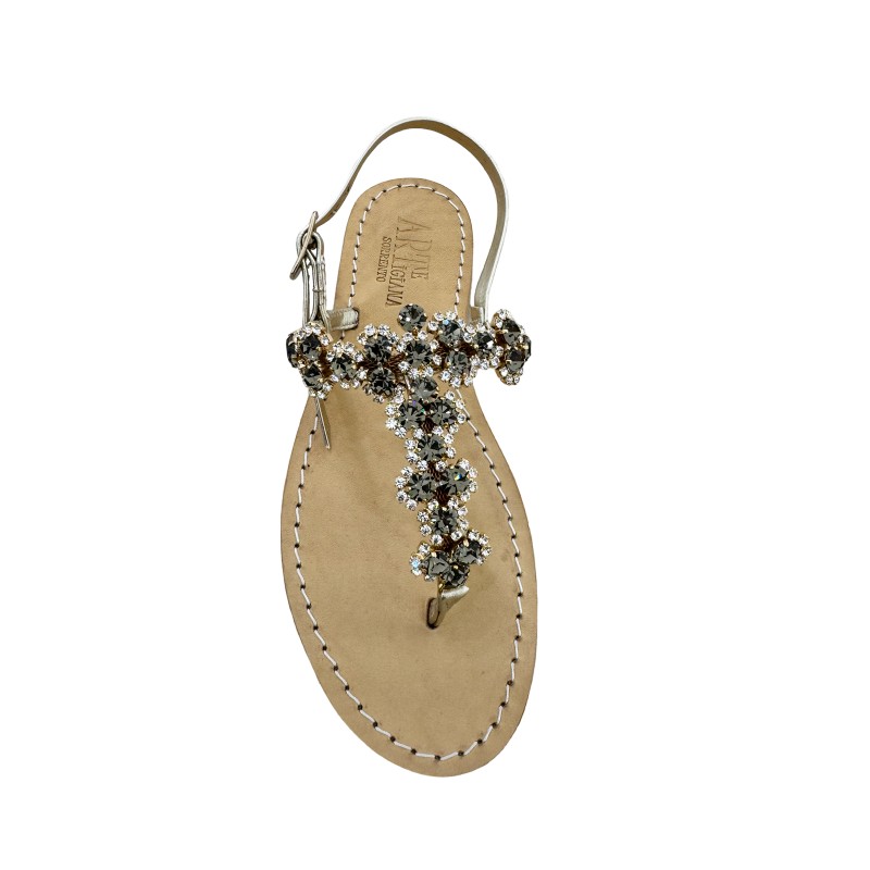 Sandali gioiello Loredana color platino con pietre color nero fumo