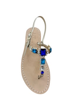 Sandali gioiello Katia color platino con pietre color turchese