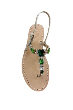 Sandali gioiello Katia color platino con pietre color verde