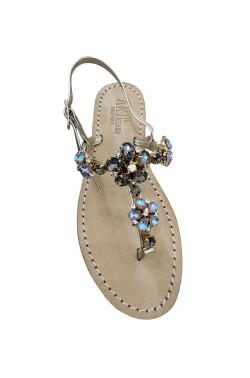 Sandali gioiello Fiorella color platino con pietre color  fumo/jeans
