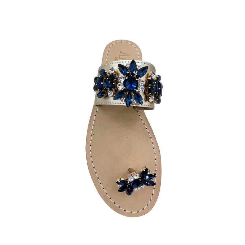 Sandali gioiello Valentina dito a fascia color platino e pietre blu
