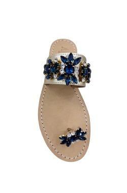 Sandali gioiello Valentina dito a fascia color platino e pietre blu