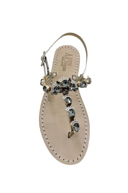 Sandali gioiello Flavia color platino con pietre color nero fumo
