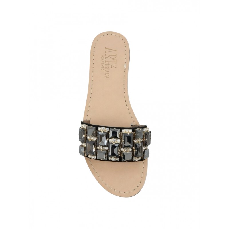 Pantofola scamosciata color nero con pietre swarovski nero fumo